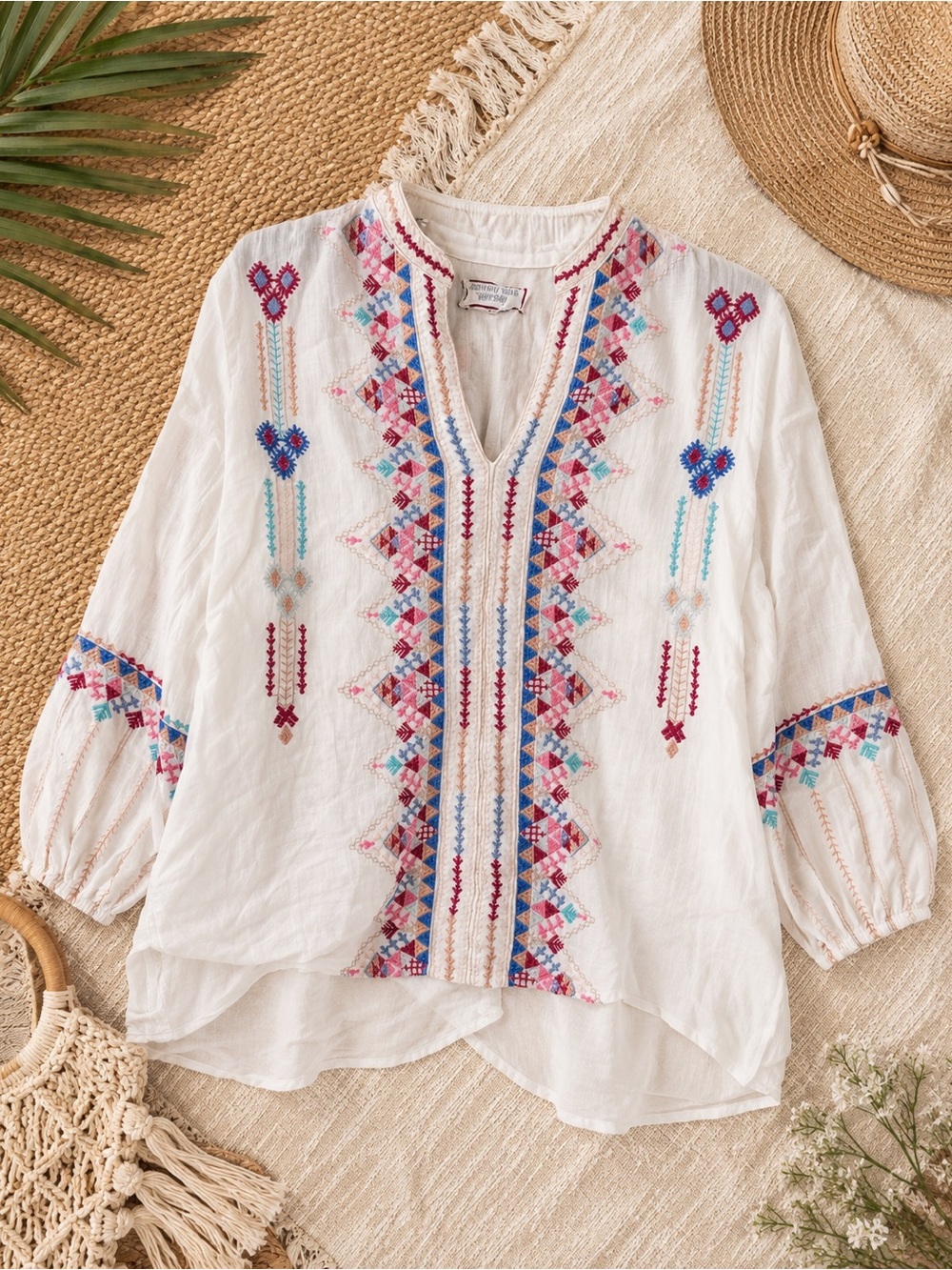 Johnny Was Amal Paris effortless blouse 100% Ramie Embroidered Boho Resort M